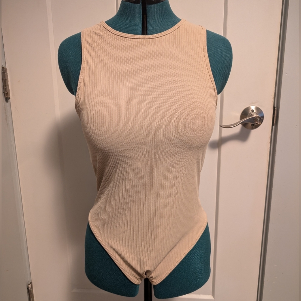 Klassy Network Nude Ribbed Bodysuit With Cups
